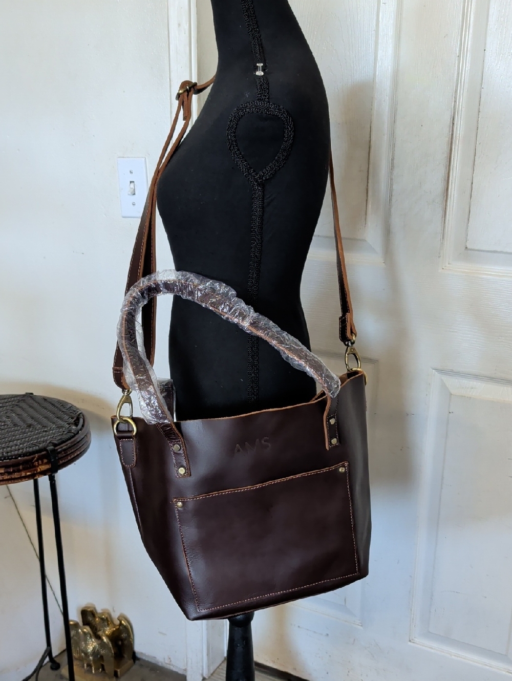 AMS Classic Brown Leather Tote Shoulder Bag - Brown